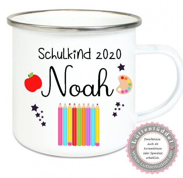 ♥ Becher Tasse Emaillebecher zauberhafte Tasse Emailletasse,Einschulung Schulkind Bleistifte KITA Wunschname, Dankeschön, Geburtstag, Jubiläum, Geschenk, Kommunion, Firmung Konfirmation, Becher von Lüttentüddel